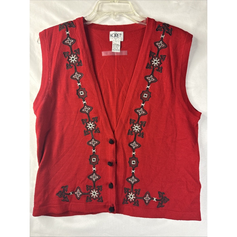 Vintage Koret Petites Womens Small Red Embroidered Wool Blend Button Vest 80s 90